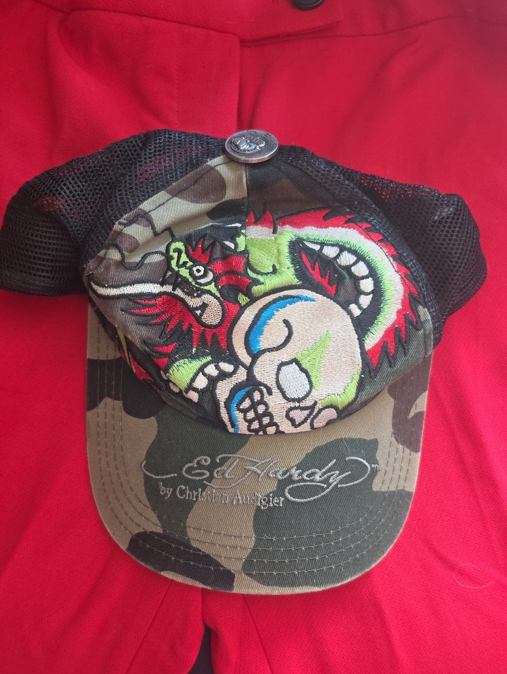 Ed Hardy Kids Camo Trucker Hat with Neon Green and Red Dragon Skull